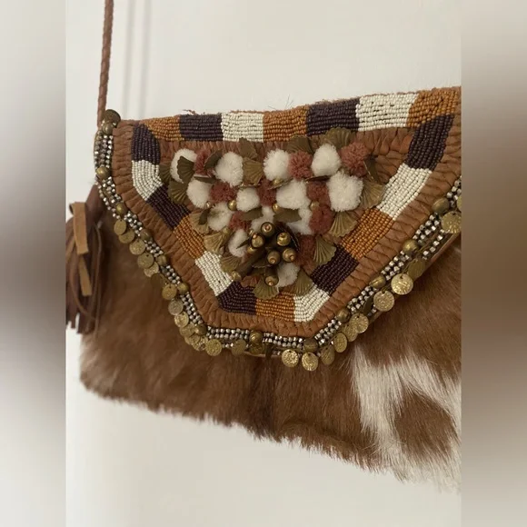 Anthropologie x ibBan - Vintage Calf Hair Leather Beaded Flap Crossbody … - Picture 2 of 7